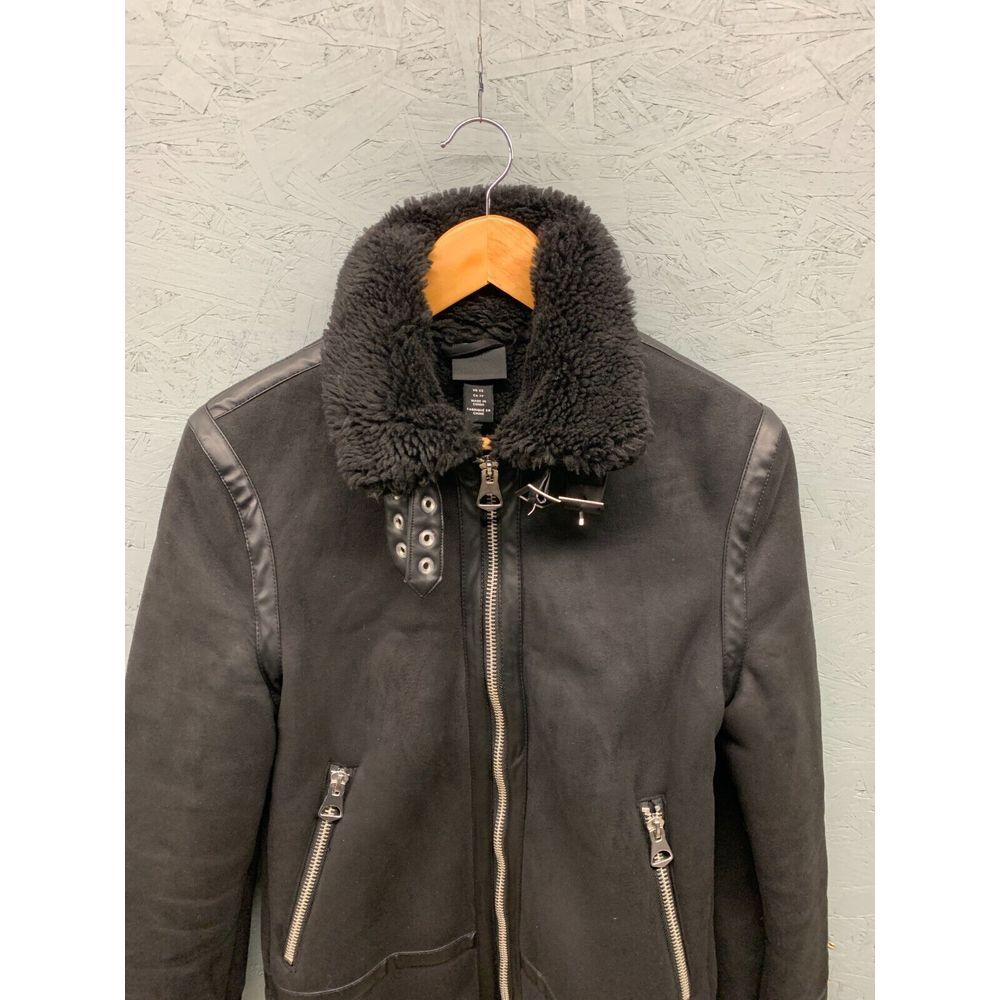 H&M Sherpa Faux Fur Lined Suede Jacket Women’s XS Black Cozy Winter Coat - Picture 4 of 12